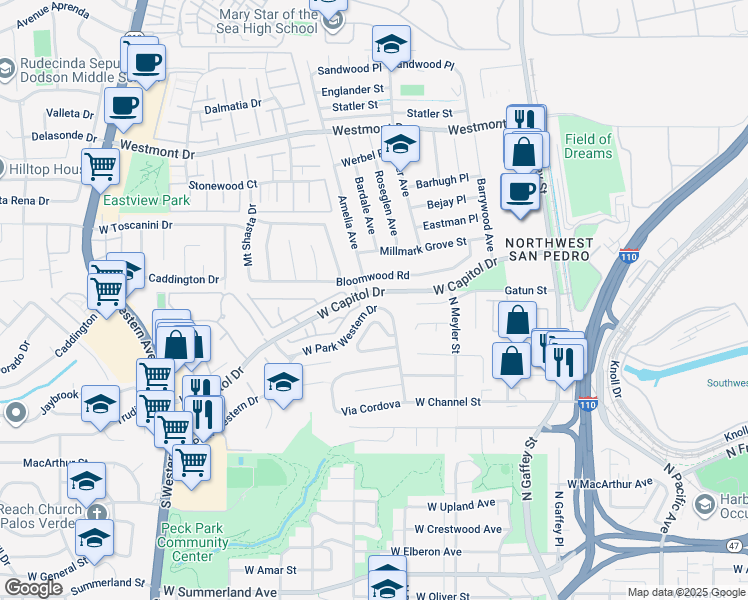 map of restaurants, bars, coffee shops, grocery stores, and more near 1099 West Capitol Drive in Los Angeles