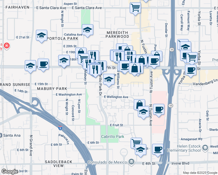 map of restaurants, bars, coffee shops, grocery stores, and more near 1345 Cabrillo Park Drive in Santa Ana