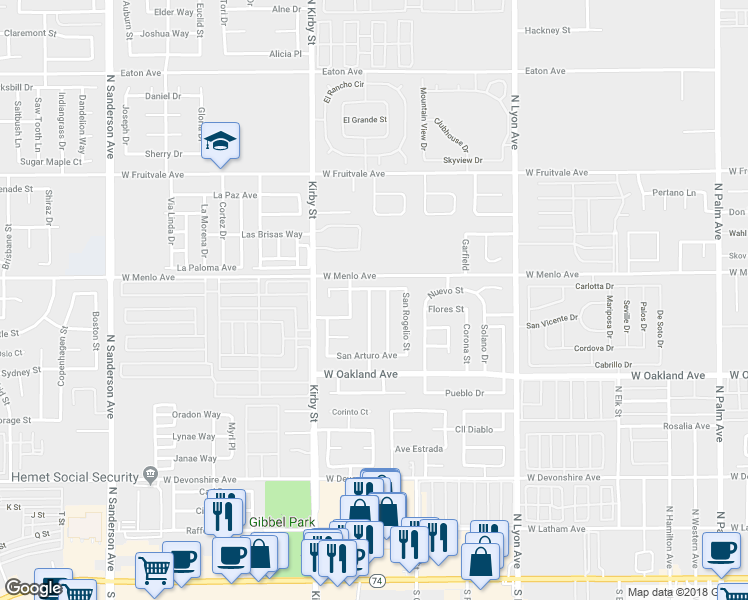 map of restaurants, bars, coffee shops, grocery stores, and more near 670 San Pasquel Street in Hemet