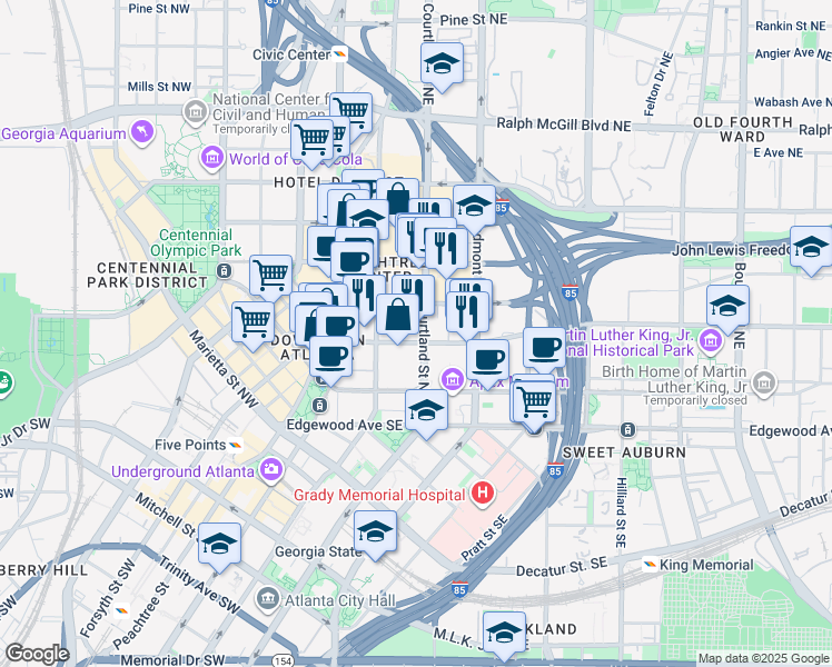 map of restaurants, bars, coffee shops, grocery stores, and more near 115 Courtland Street Northeast in Atlanta