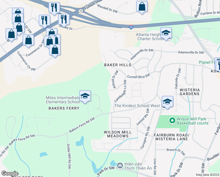 map of restaurants, bars, coffee shops, grocery stores, and more near 4105 Kenora Drive Southwest in Atlanta