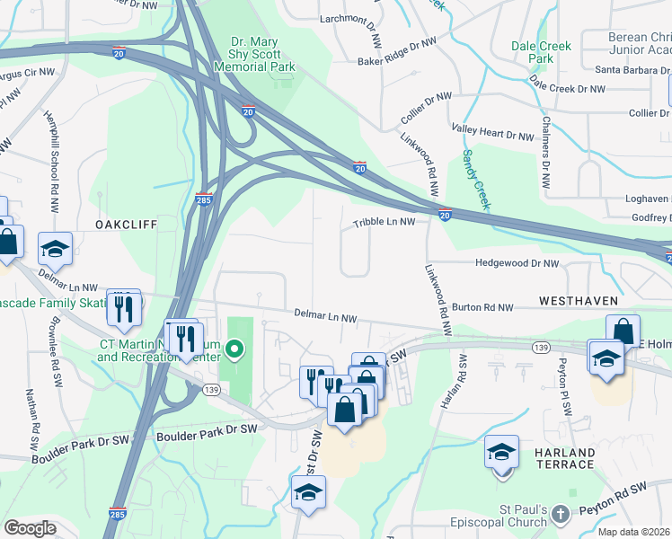 map of restaurants, bars, coffee shops, grocery stores, and more near 261 Hermer Circle Northwest in Atlanta