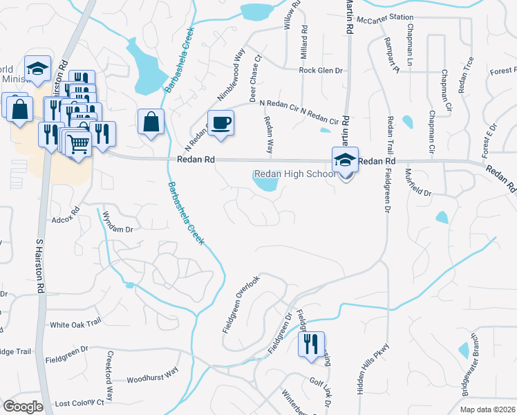 map of restaurants, bars, coffee shops, grocery stores, and more near 1281 Mill Lake Circle in Stone Mountain