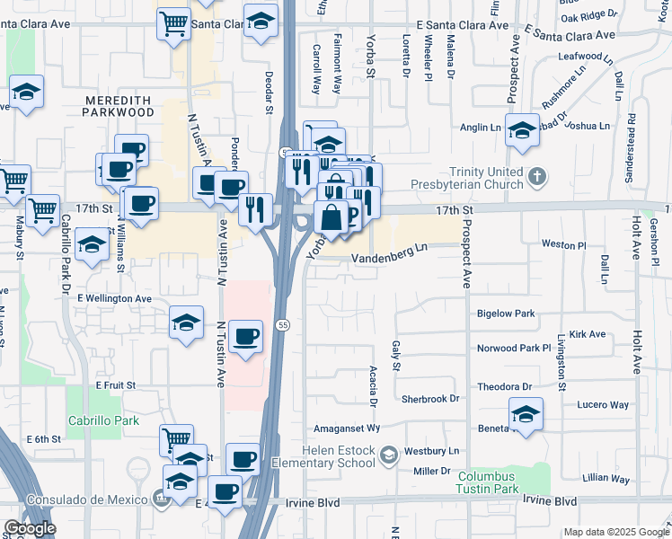 map of restaurants, bars, coffee shops, grocery stores, and more near 17406 Via Lindo in Tustin
