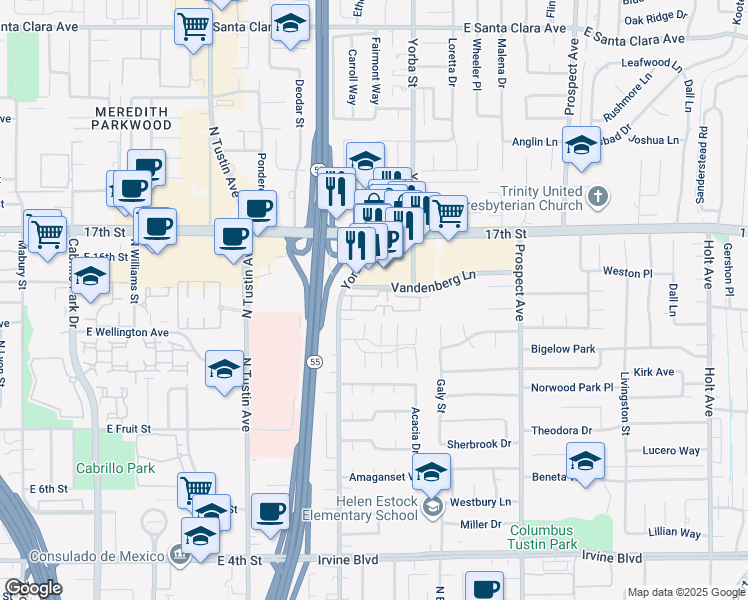 map of restaurants, bars, coffee shops, grocery stores, and more near 17406 Via Lindo in Tustin