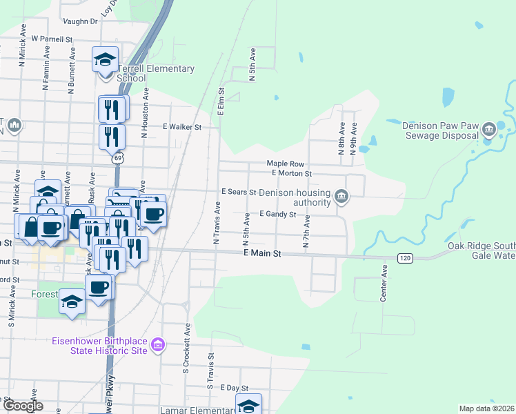 map of restaurants, bars, coffee shops, grocery stores, and more near 515 East Gandy Street in Denison