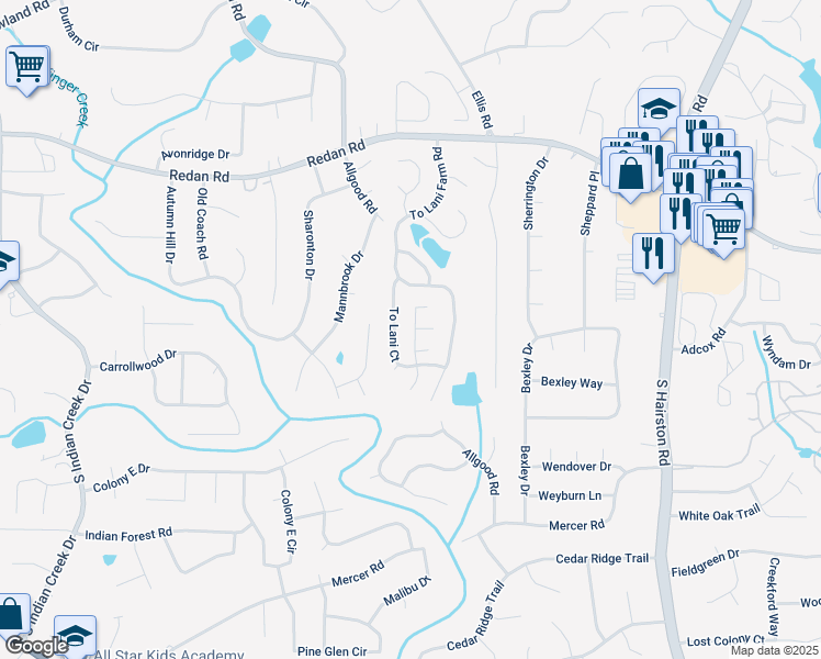 map of restaurants, bars, coffee shops, grocery stores, and more near 1223 To Lani Path in Stone Mountain