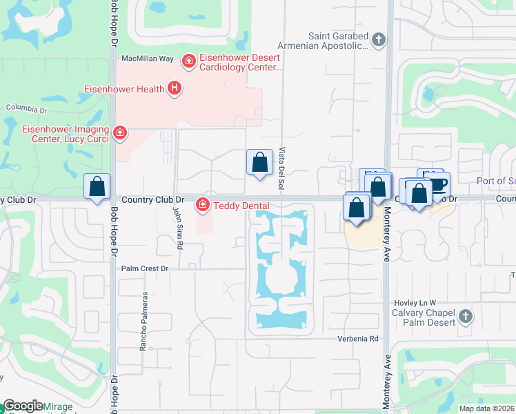 map of restaurants, bars, coffee shops, grocery stores, and more near 9 Lakeshore Drive in Rancho Mirage