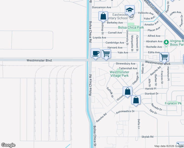 map of restaurants, bars, coffee shops, grocery stores, and more near 14135 Elystan Circle in Westminster
