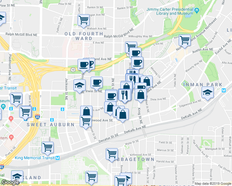 map of restaurants, bars, coffee shops, grocery stores, and more near 601 Irwin Street Northeast in Atlanta