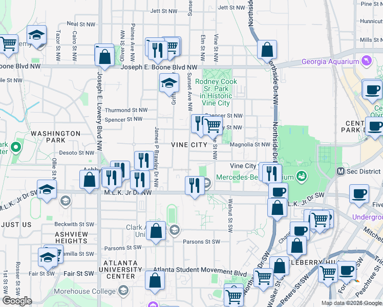 map of restaurants, bars, coffee shops, grocery stores, and more near 101 Sunset Avenue Northwest in Atlanta