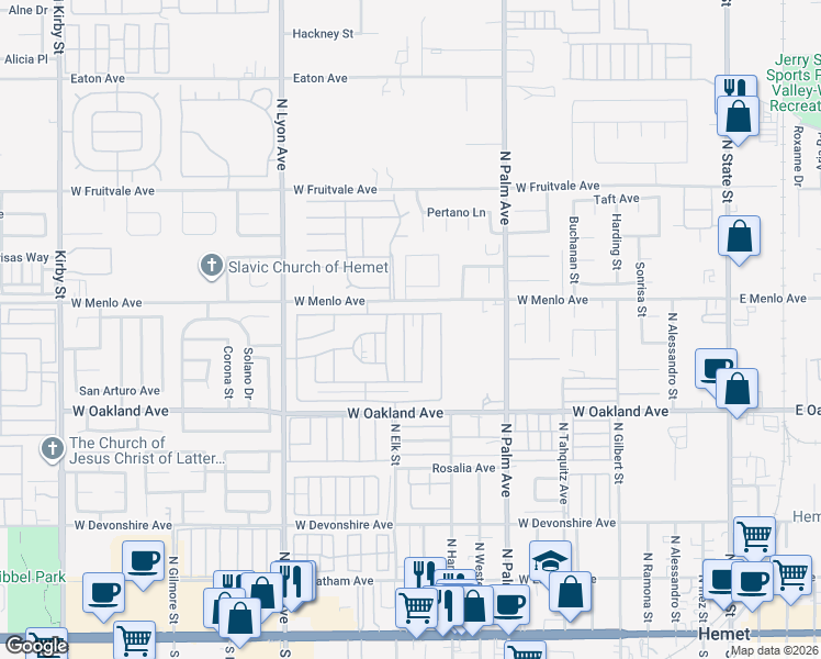 map of restaurants, bars, coffee shops, grocery stores, and more near 676 Seville Drive in Hemet