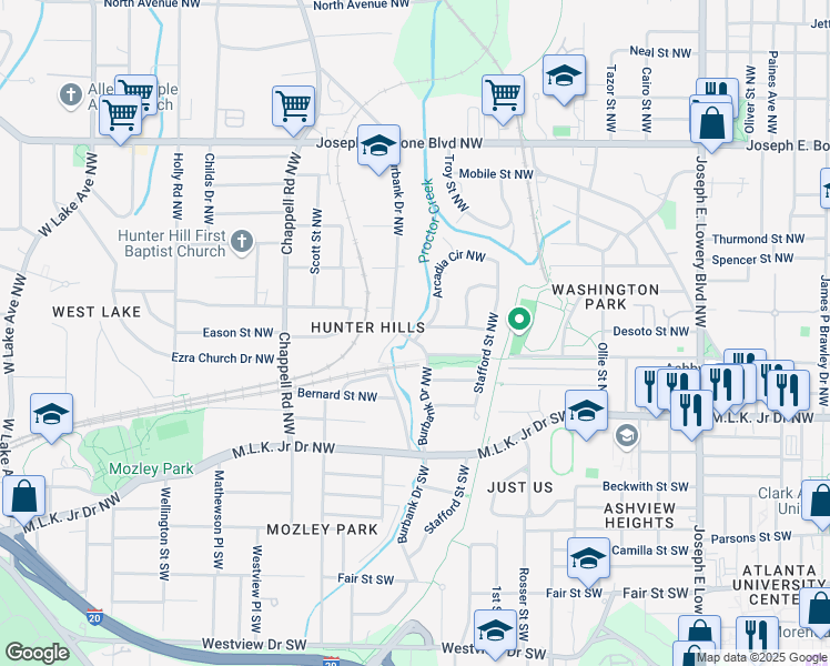 map of restaurants, bars, coffee shops, grocery stores, and more near 81 Burbank Drive Northwest in Atlanta