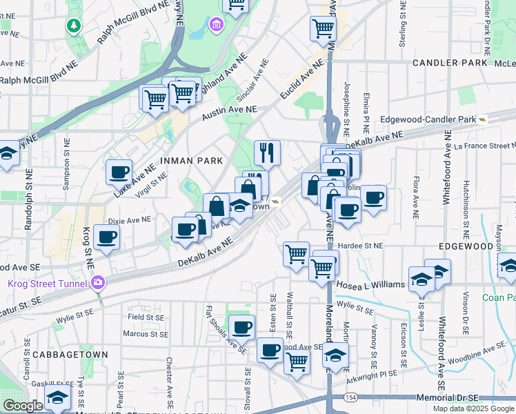 map of restaurants, bars, coffee shops, grocery stores, and more near 1030 DeKalb Avenue Northeast in Atlanta