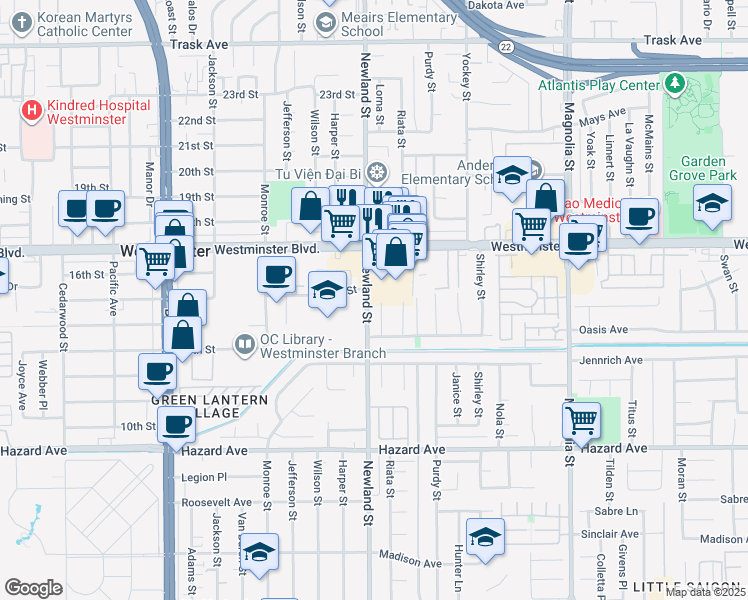 map of restaurants, bars, coffee shops, grocery stores, and more near 14141 Riata Street in Westminster