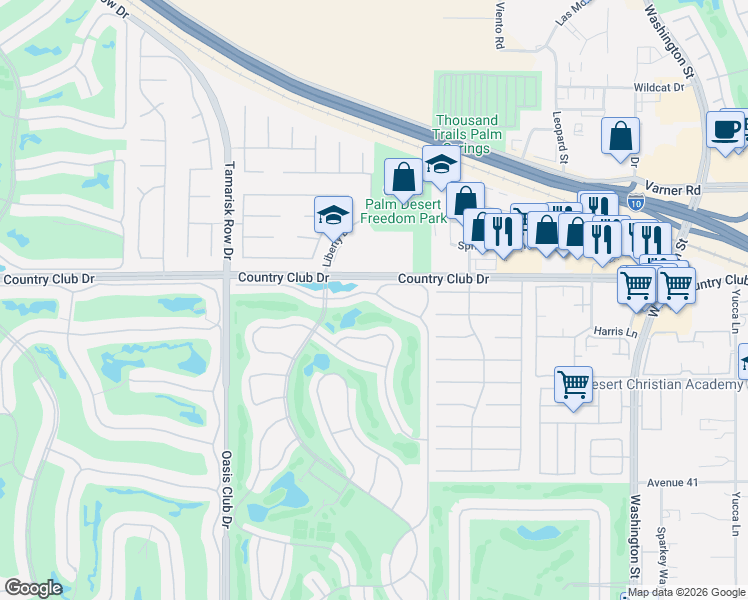 map of restaurants, bars, coffee shops, grocery stores, and more near 77361 Preston Trail in Palm Desert