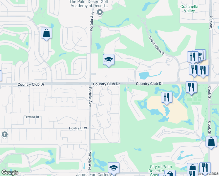 map of restaurants, bars, coffee shops, grocery stores, and more near 1 Verde Way in Palm Desert