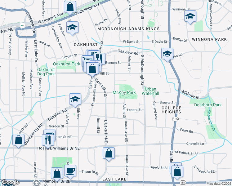 map of restaurants, bars, coffee shops, grocery stores, and more near 616 Mckoy Street in Decatur