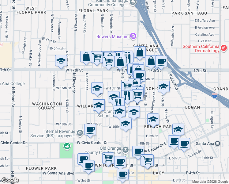 map of restaurants, bars, coffee shops, grocery stores, and more near 1417 North Durant Street in Santa Ana