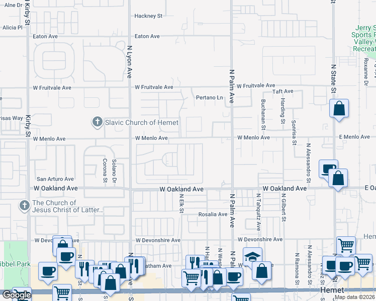 map of restaurants, bars, coffee shops, grocery stores, and more near 676 Seville Drive in Hemet