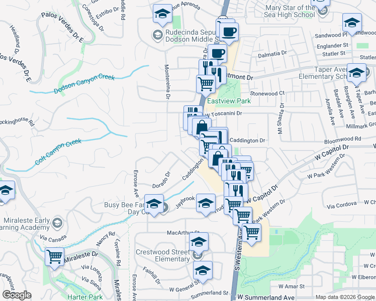 map of restaurants, bars, coffee shops, grocery stores, and more near 1827 Caddington Drive in Rancho Palos Verdes