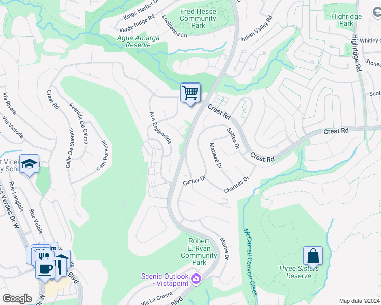 map of restaurants, bars, coffee shops, grocery stores, and more near Rhone Drive in Rancho Palos Verdes