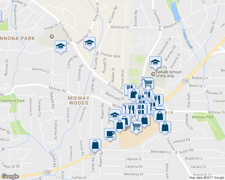 map of restaurants, bars, coffee shops, grocery stores, and more near 1013 Columbia Drive in Decatur