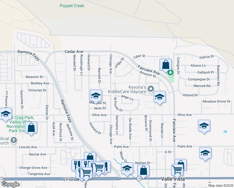 map of restaurants, bars, coffee shops, grocery stores, and more near 43548 Ange Ln in Hemet