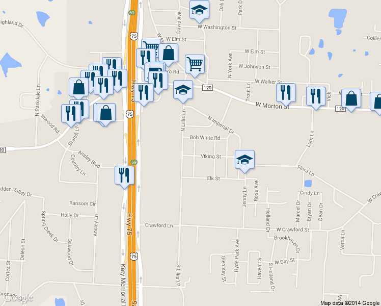 map of restaurants, bars, coffee shops, grocery stores, and more near 101 North Lynn Avenue in Denison