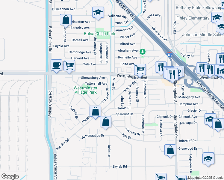 map of restaurants, bars, coffee shops, grocery stores, and more near 14121 Milan Street in Westminster