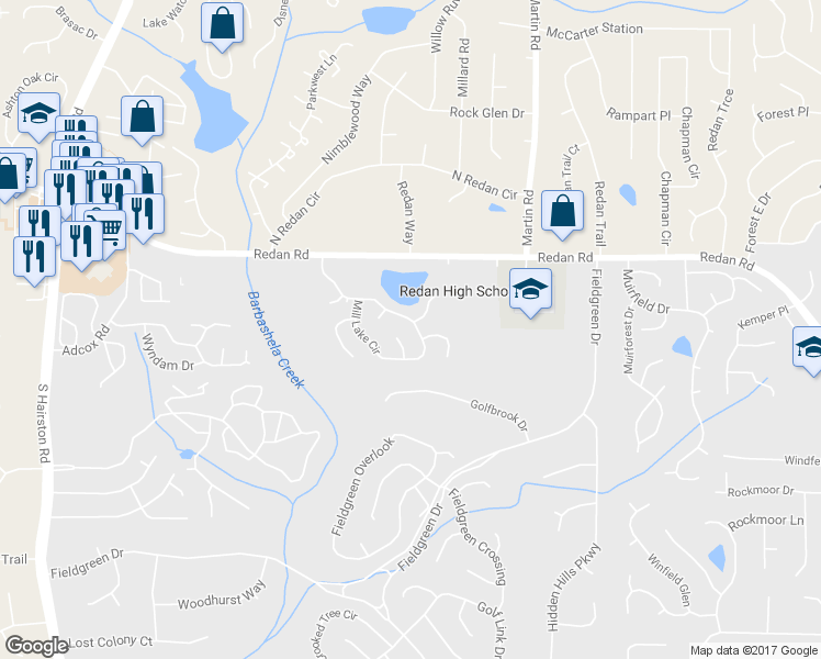 map of restaurants, bars, coffee shops, grocery stores, and more near 1281 Mill Lake Circle in Stone Mountain