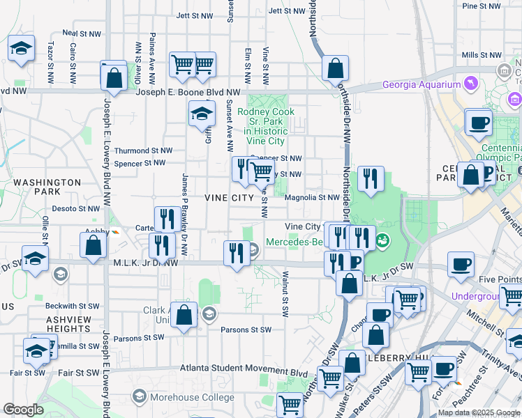 map of restaurants, bars, coffee shops, grocery stores, and more near 104 Vine Street Northwest in Atlanta