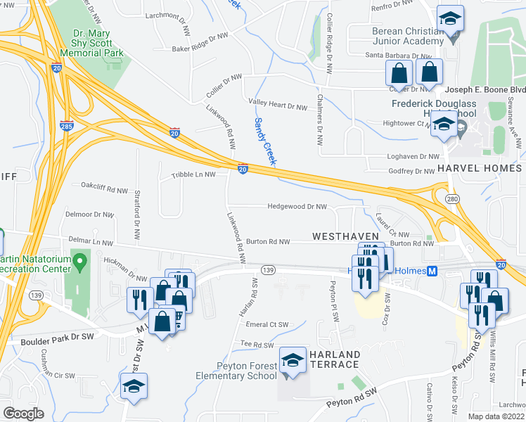 map of restaurants, bars, coffee shops, grocery stores, and more near 2836 Hedgewood Drive Northwest in Atlanta
