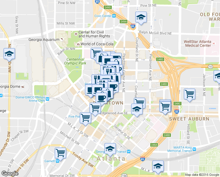 map of restaurants, bars, coffee shops, grocery stores, and more near 140 Peachtree Street Northeast in Atlanta