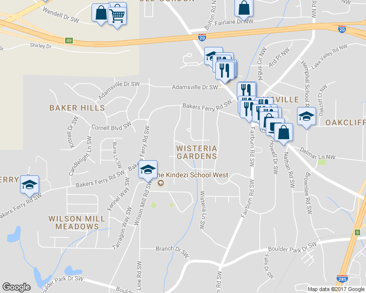 map of restaurants, bars, coffee shops, grocery stores, and more near 3786 Rockport Place Southwest in Atlanta