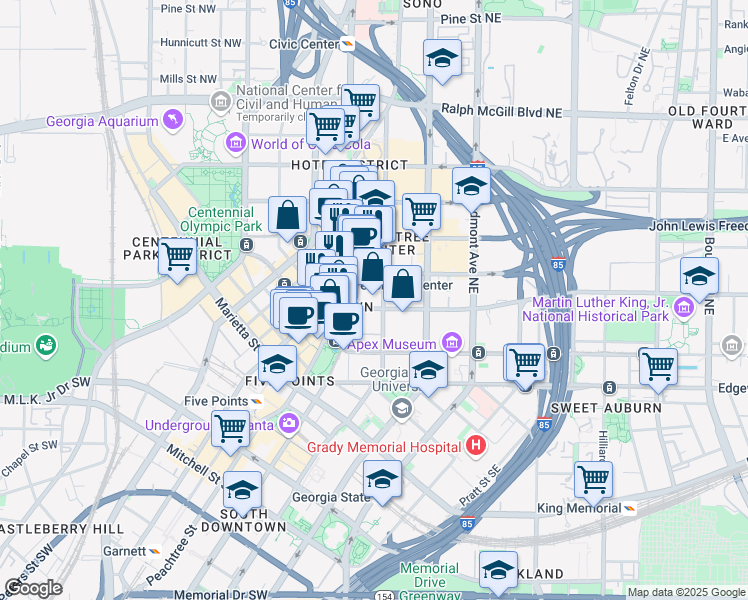 map of restaurants, bars, coffee shops, grocery stores, and more near 133 Peachtree Street in Atlanta