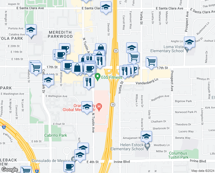 map of restaurants, bars, coffee shops, grocery stores, and more near 1403 North Tustin Avenue in Santa Ana