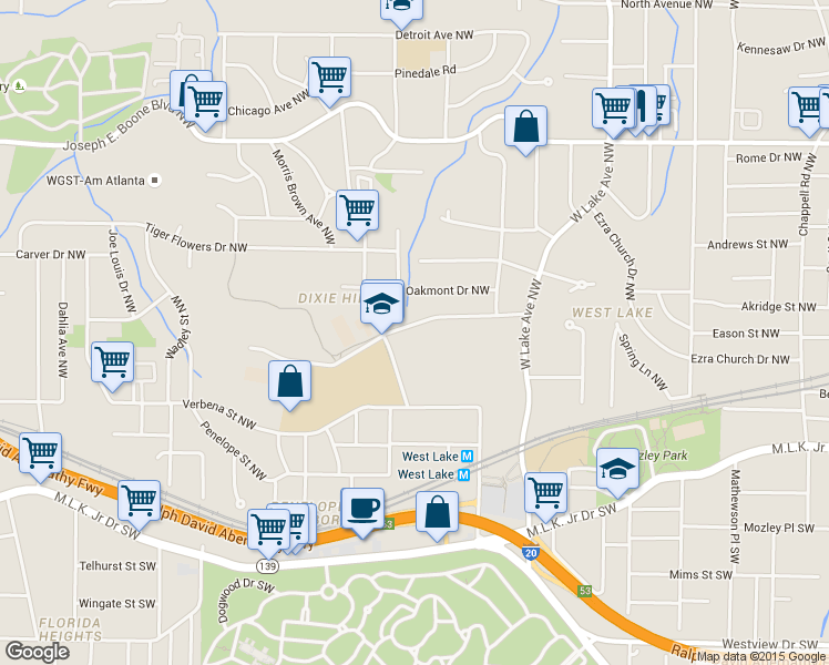 map of restaurants, bars, coffee shops, grocery stores, and more near 1884 Calloway Drive Northwest in Atlanta