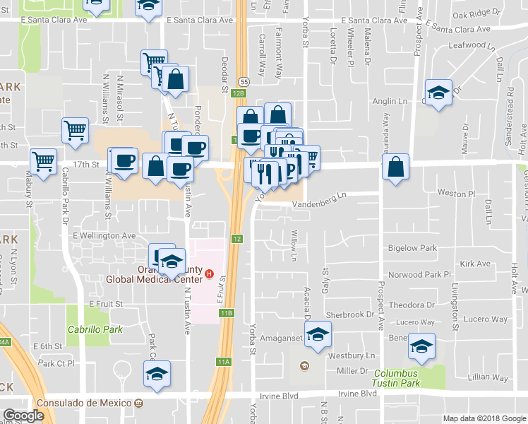 map of restaurants, bars, coffee shops, grocery stores, and more near 14142 Via Lucio in Tustin