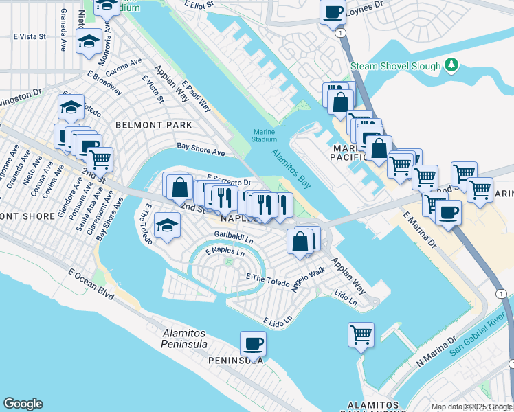 map of restaurants, bars, coffee shops, grocery stores, and more near 221 North Attica Drive in Long Beach