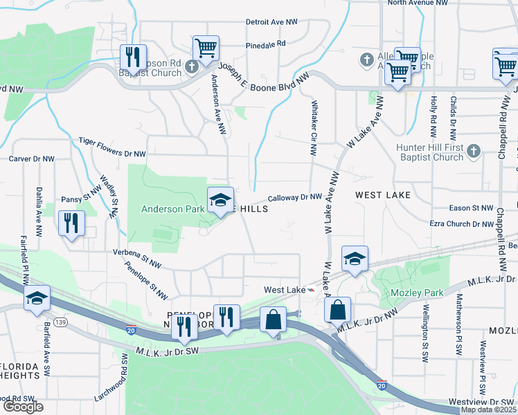 map of restaurants, bars, coffee shops, grocery stores, and more near 1884 Calloway Drive Northwest in Atlanta
