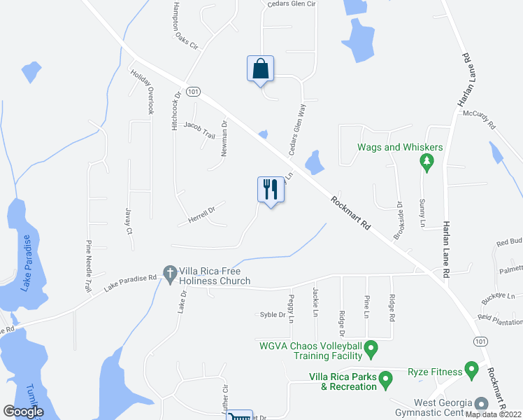 map of restaurants, bars, coffee shops, grocery stores, and more near 15 Bell Court in Villa Rica
