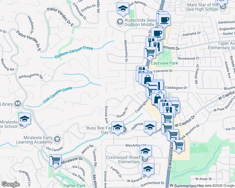 map of restaurants, bars, coffee shops, grocery stores, and more near 28617 Stokowski Drive in Rancho Palos Verdes