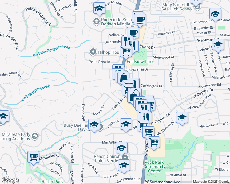 map of restaurants, bars, coffee shops, grocery stores, and more near 1827 Caddington Drive in Rancho Palos Verdes