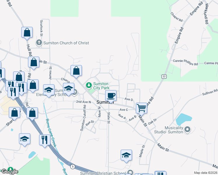 map of restaurants, bars, coffee shops, grocery stores, and more near 49 Walker Street in Sumiton
