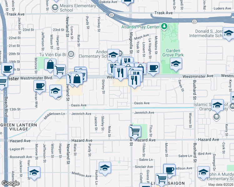 map of restaurants, bars, coffee shops, grocery stores, and more near 14081 Magnolia Street in Westminster