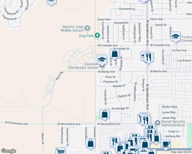 map of restaurants, bars, coffee shops, grocery stores, and more near 670 Cawston Avenue North in Hemet