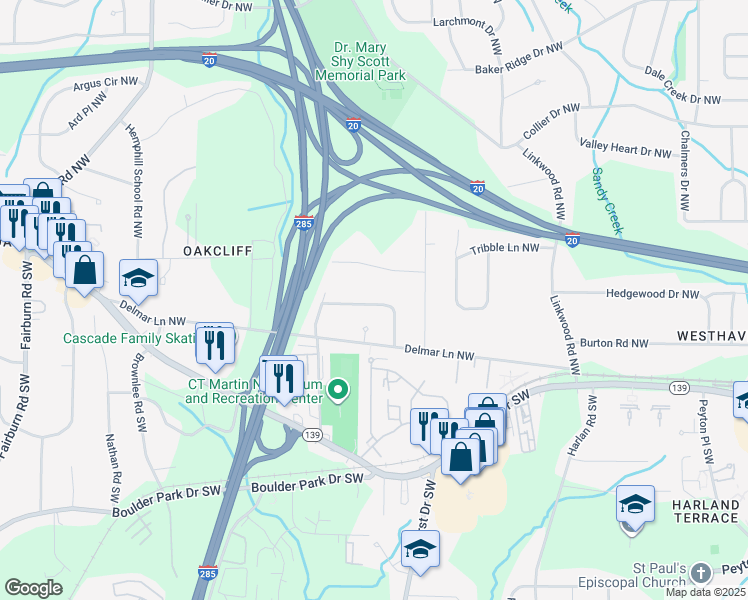 map of restaurants, bars, coffee shops, grocery stores, and more near 79 Delmoor Drive Northwest in Atlanta