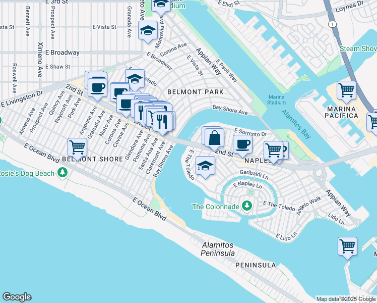 map of restaurants, bars, coffee shops, grocery stores, and more near 5400 East The Toledo in Long Beach