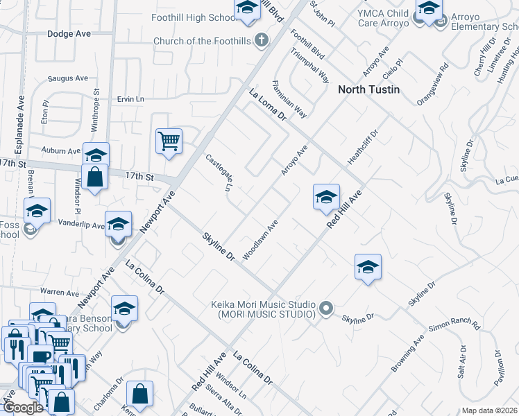 map of restaurants, bars, coffee shops, grocery stores, and more near 1262 Brittany Cross Road in Santa Ana